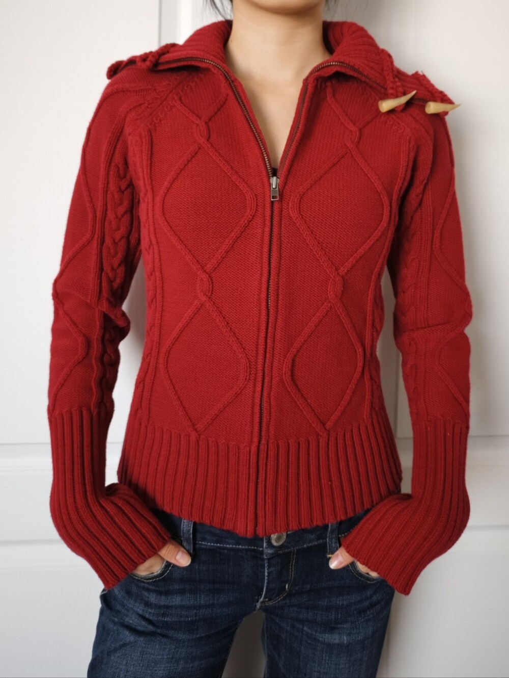 Y2K, JACOB Red Cable-Knit Zip-Front Women's Sweater